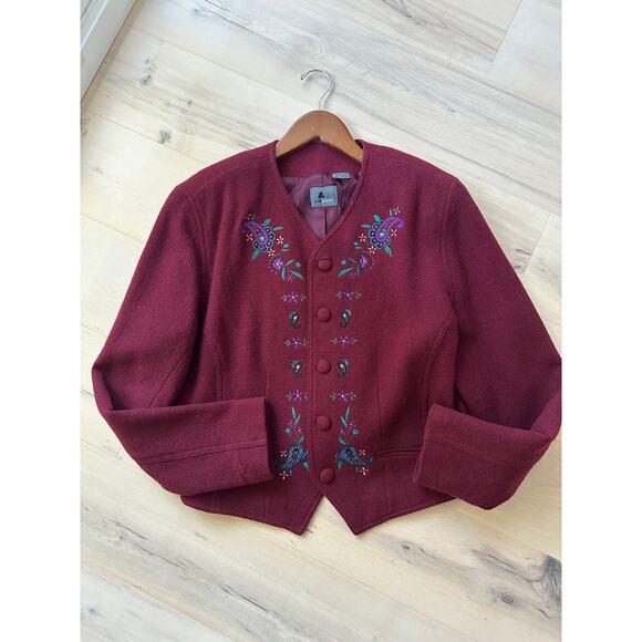 Vintage 90s Liz Wear Wool Jacket Burgundy Wine Red Classic Embroidery Boho - Picture 11 of 11